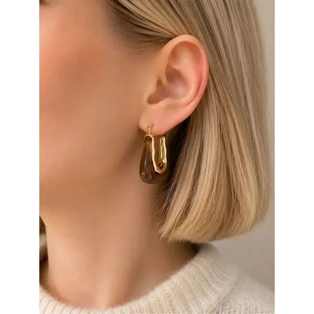 Brown Resin Gold Tone Geometric Hoop Earrings Statement Retro Modern Chic